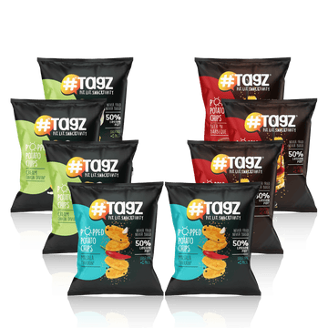 TagZ - Popped Potato Chips Pack of 8 Pouches ( 3 Cream, 3 BBQ, 2 Masala )