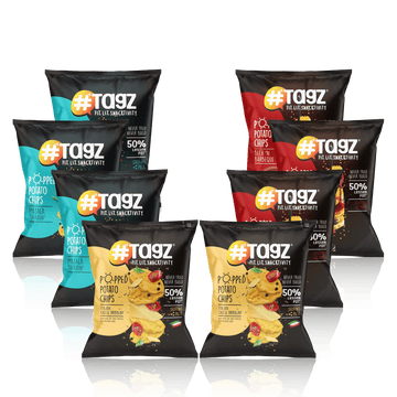 TagZ - Popped Potato Chips Pack of 8 Pouches ( 3 masala, 3 BBQ, 2 Cheese )