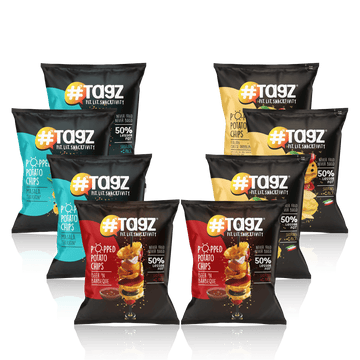 TagZ - Popped Potato Chips Pack of 8 Pouches ( 3 Masala, 3 Cheese & 2 BBQ )
